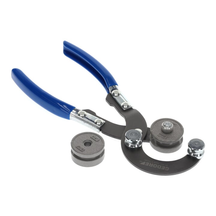 Gedore Universal-Rohrbiegezange inkl. 2 Biegeformen, Rohrdurchmesser 4,75 - 10 mm, Glanzvernickelter Stahl/Kunststoff, Silber/Blau