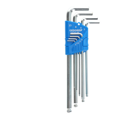 Gedore Winkelschraubendreher-Satz 8-teilig, extra lang, für Innensechskant-Schrauben, Kugelkopf, SW 2-10 mm, H 42 KEL-88