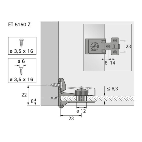 Glastürscharnier ET 5150 Z (zusätzlich erforderlich für Türhöhe 1000 mm)