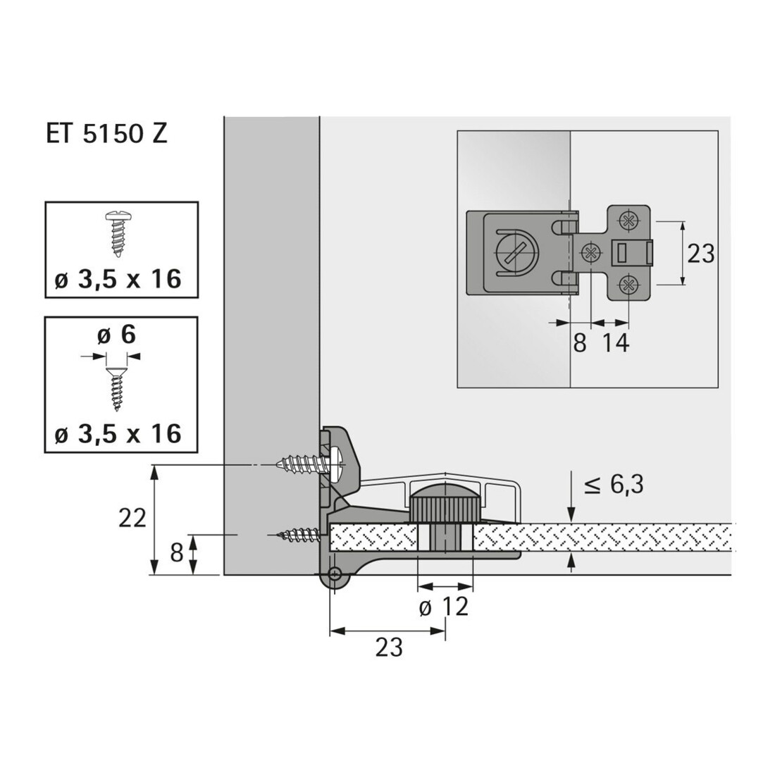 Glastürscharnier ET 5150 Z (zusätzlich erforderlich für Türhöhe 1000 mm)