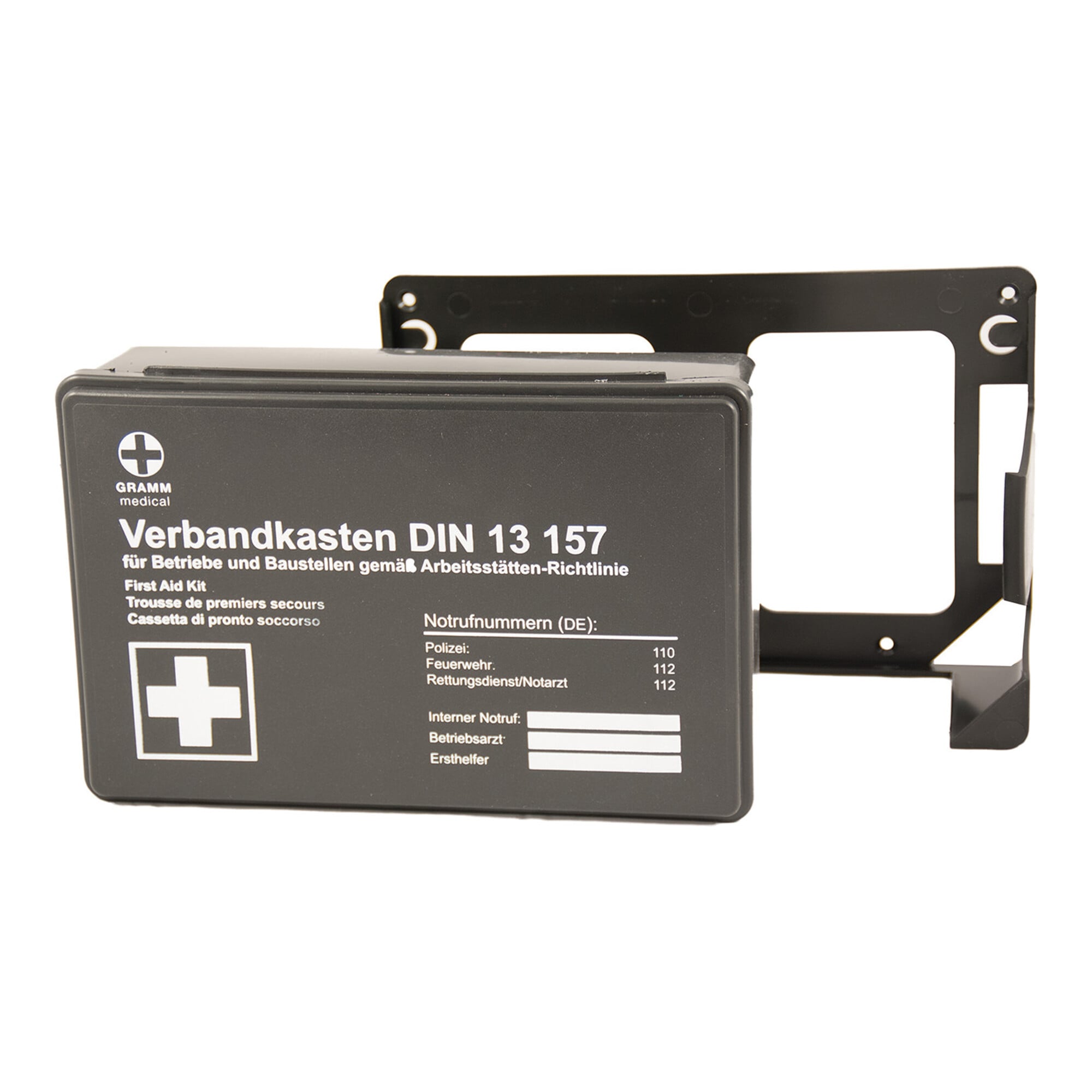 GRAMM medical Betriebsverbandkasten MINI + Wandhalterung schwarz DIN 13 157