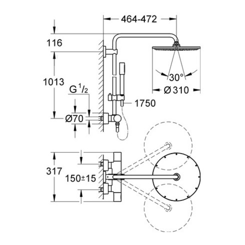 Grohe Duschsystem 310 RAINSHOWER mit Thermostatbatterie für die Wandmontage chrom
