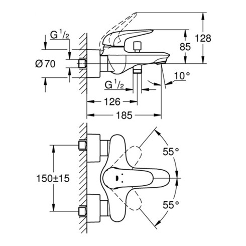 Grohe Einhand-Wannenbatterie EUROSTYLE DN 15, Wandmontage, geschlossener Metall-Hebelgriff chrom