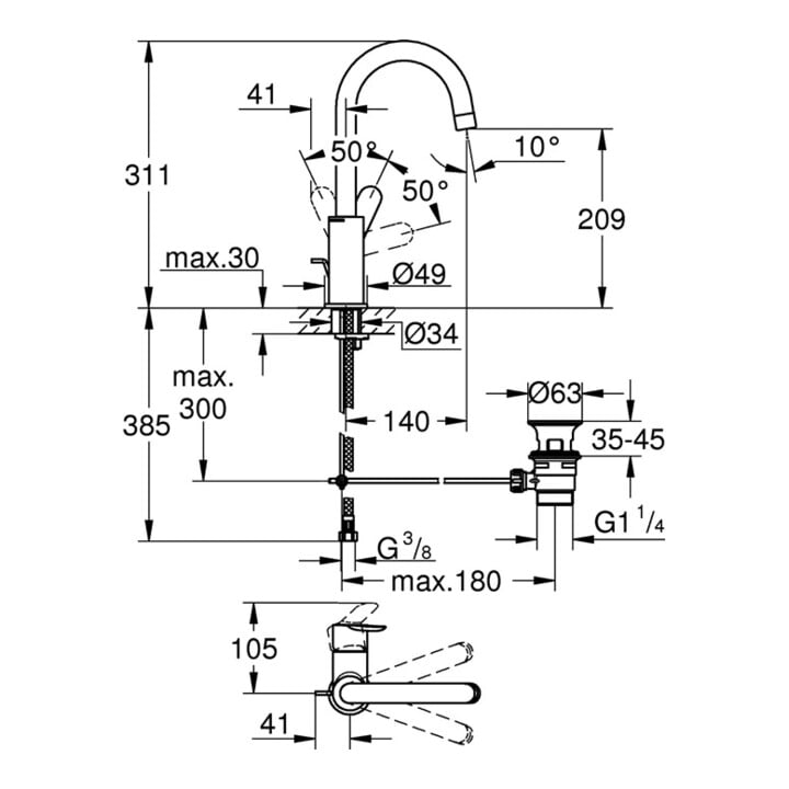 Grohe Einhand-Waschtischbatterie BAUEDGE DN 15, L-Size chrom