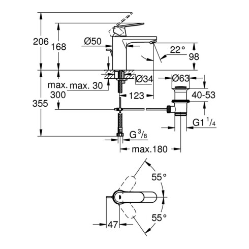 Grohe Einhand-Waschtischbatterie COSMOPOLITAN EUROSMART DN 15, mittelhohe Ausführung Zugstangen-Ablaufgarnitur 1 1/4" chrom