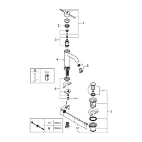 Grohe Einhand-Waschtischbatterie ESSENCE DN 15, S-Size, Zugstangen-Ablaufgarnitur 1 1/4" chrom
