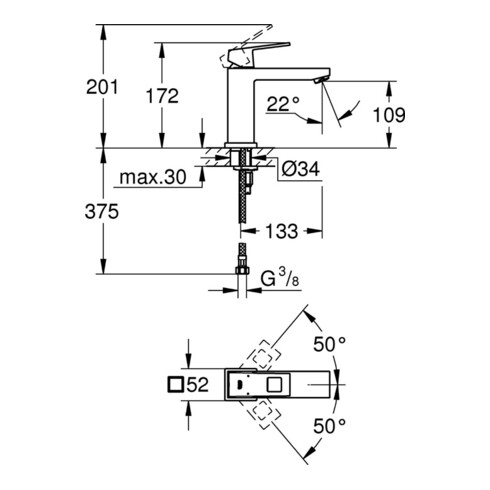Grohe Einhand-Waschtischbatterie EUROCUBE DN 15, mittelhohe Ausführung glatter Körper chrom
