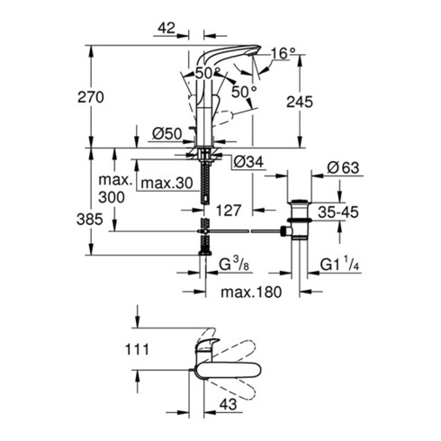 Grohe Einhand-Waschtischbatterie EUROSTYLE DN 15, L-Size, geschlossener Metall-Hebelgriff chrom