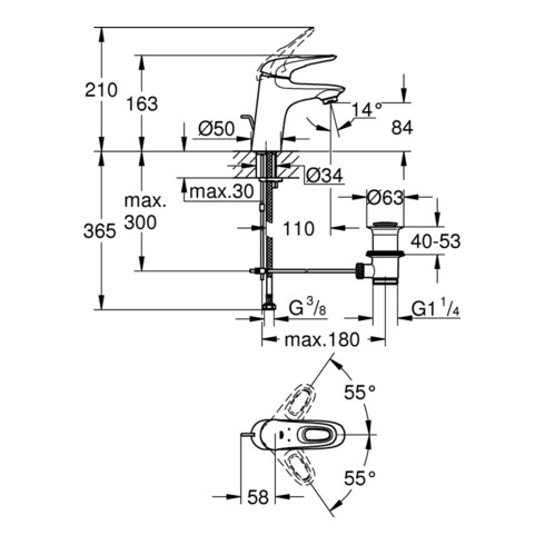 Grohe Einhand-Waschtischbatterie EUROSTYLE DN 15, S-Size, offener Metall-Hebelgriff chrom