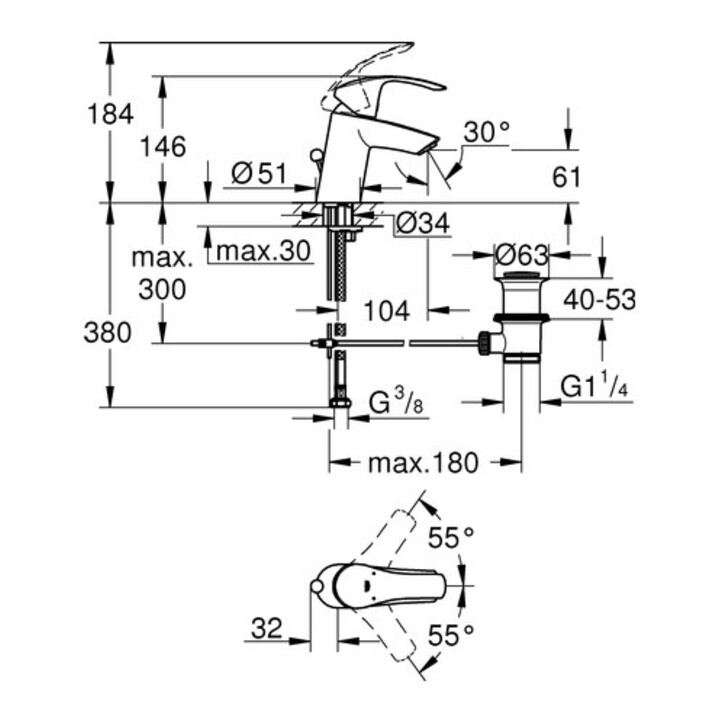 Grohe Einhebelmischer Eurosmart S-Size chrom mit Ablaufgarnitur