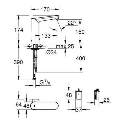 Grohe Infrarot-Elektronik CE EUROSMART DN 15, für Waschtisch 6V Lithium-Batterie, Typ CR-P2 chrom