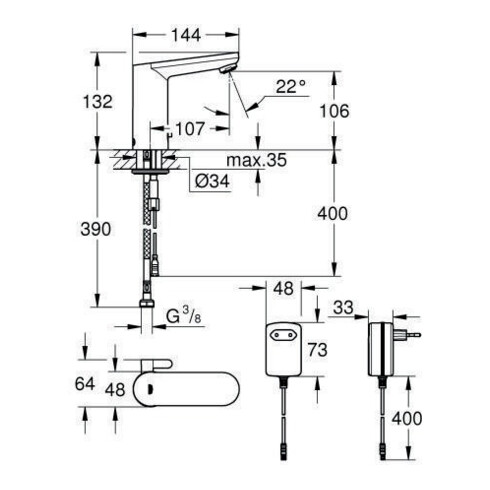 Grohe Infrarot-Elektronik CE EUROSMART DN 15, für Waschtisch, mit Mischung und Steckertrafo chrom