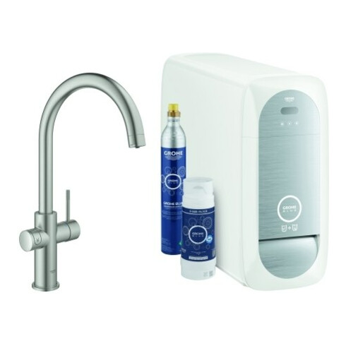 Grohe Mitigeur évier Blue Home supersteel, kit de démarrage bec C