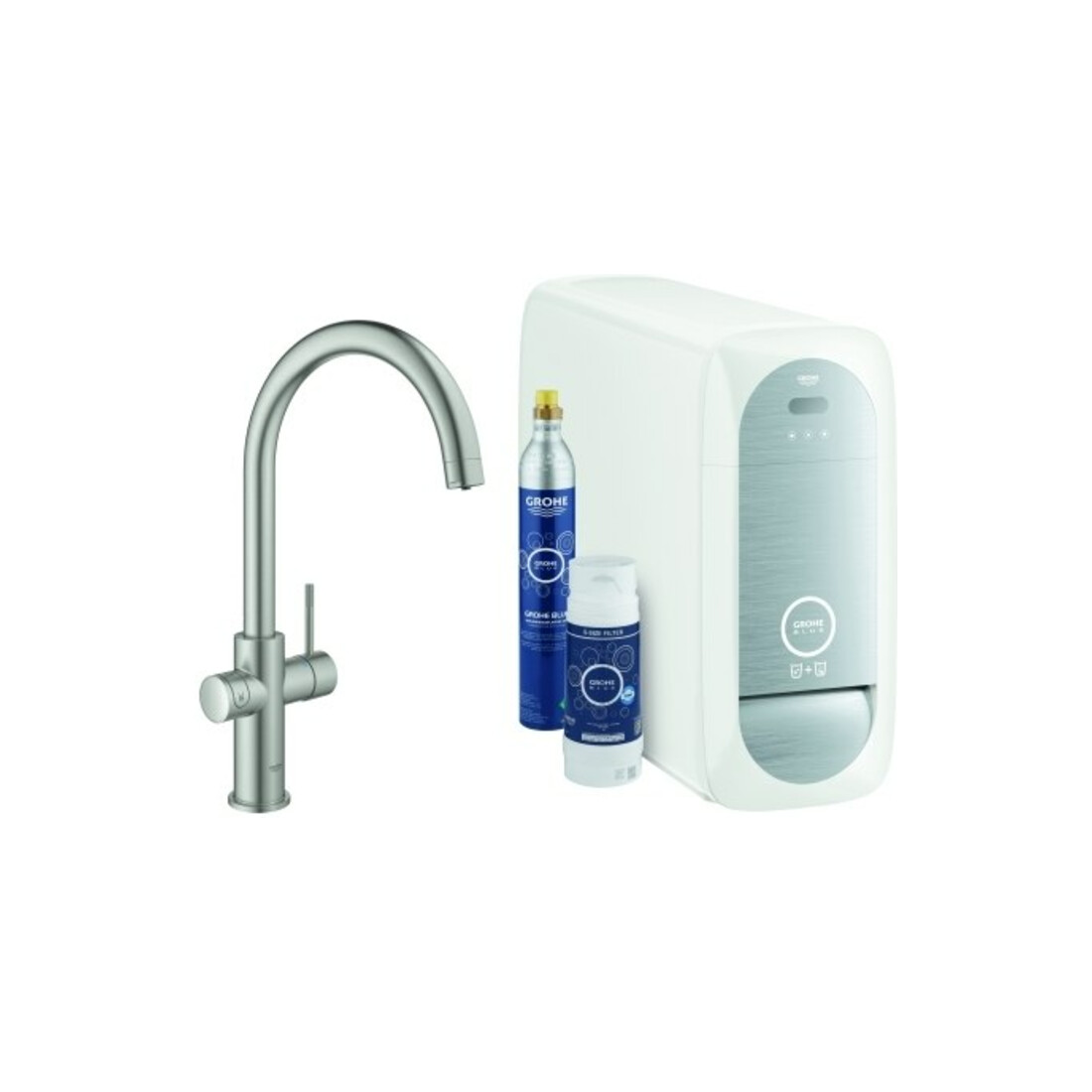 Grohe Mitigeur évier Blue Home supersteel, kit de démarrage bec C