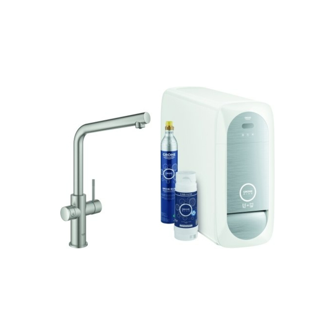 Grohe Mitigeur monocommande évier Blue Home supersteel, kit de démarrage bec L