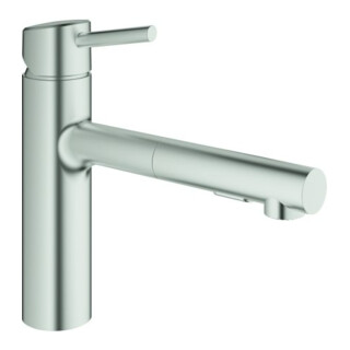 Grohe Mitigeur monocommande évier Concetto acier inox, douchette extractible, bec moyen