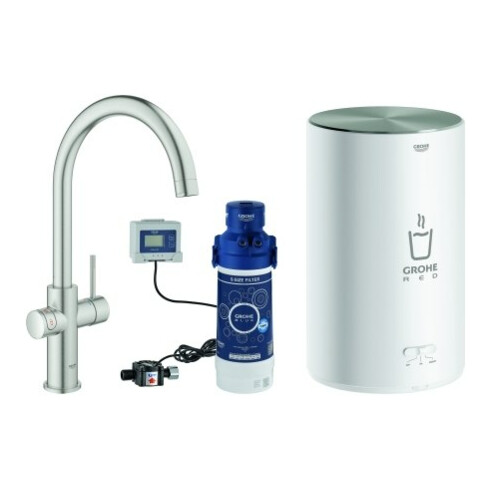 Grohe Mitigeur monocommande évier Red Duo supersteel, taille M, avec chauffe-eau