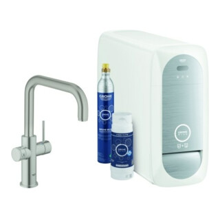Grohe Mitigeur monotrou évier Blue Home Supersteel, kit de démarrage bec en U