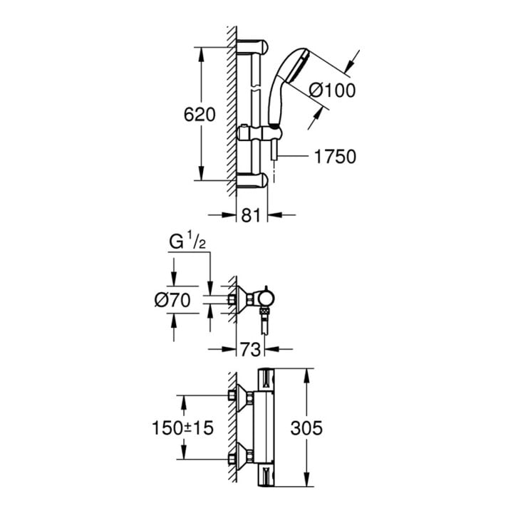Grohe Thermostat-Brausebatterie GROHTHERM 800 DN 15, mit Brausegarnitur chrom
