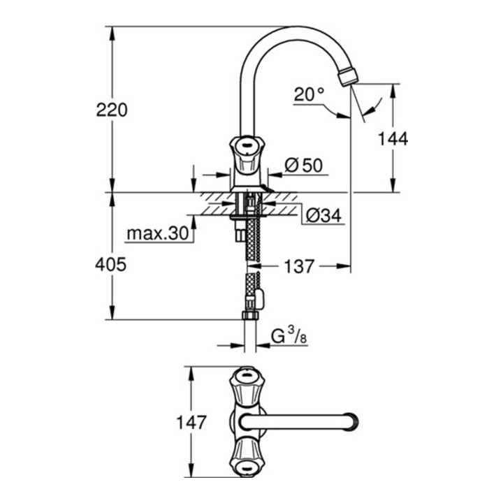 Grohe Waschtisch-Einlochbatterie COSTA DN 15, mit versenkbarer Kette chrom