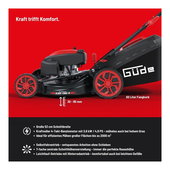 Güde Tondeuse à gazon à essence BW 530-190 R 3,6 kW 53 cm de largeur de coupe