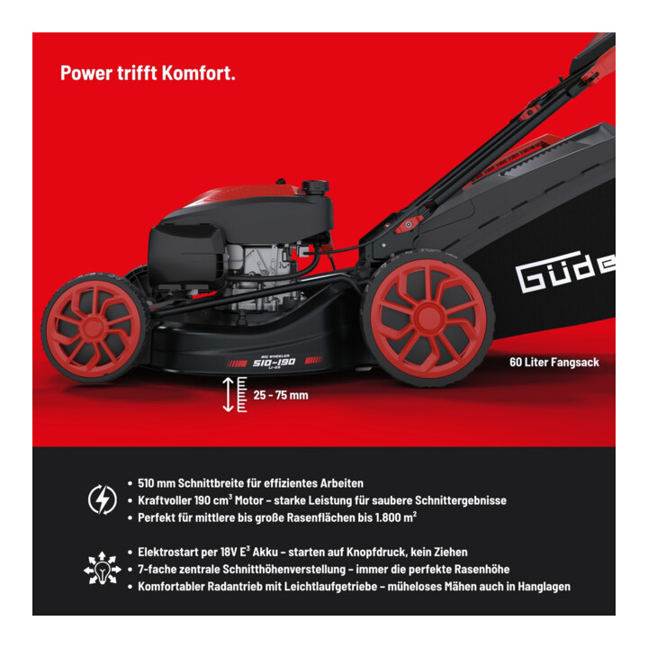 Güde Tondeuse à gazon thermique Big Wheeler BW 510-190 LI-ES 510 mm largeur de coupe