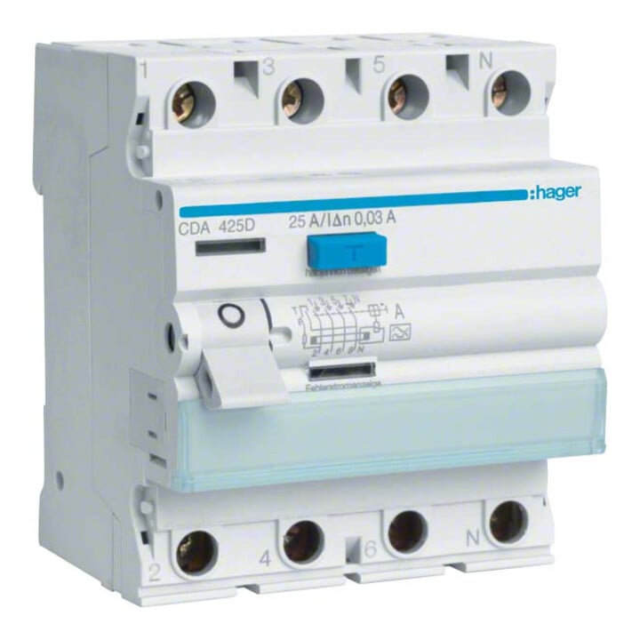 Hager Disjoncteur différentiel 4 pôles 25A/30mA, 6kA CDA425D