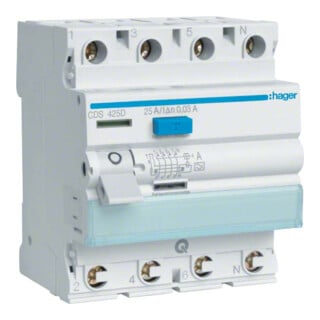 Hager Disjoncteur différentiel 4 pôles 25A/30mA, 6kA, QC CDS425D