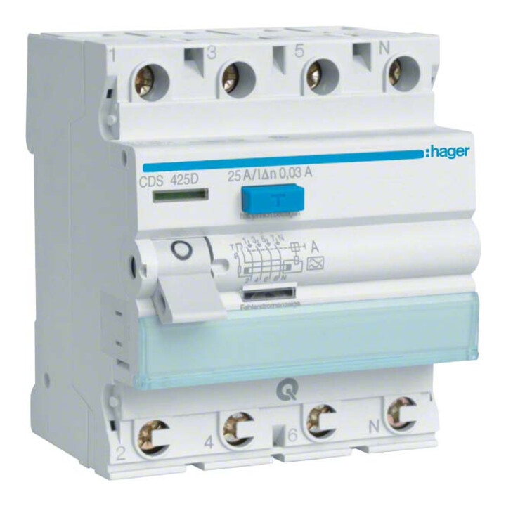Hager Disjoncteur différentiel 4 pôles 25A/30mA, 6kA, QC CDS425D