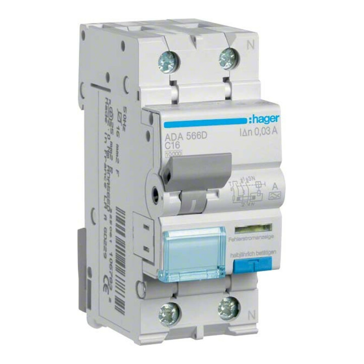 Hager Disjoncteur différentiel FI/LS 1P+N 10kA C-16A 30mA ADA566D