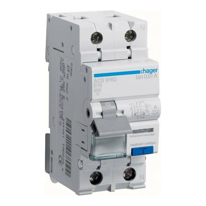 Hager Disjoncteur différentiel FI/LS 1P+N 6kA B-16A 10mA ACS916D