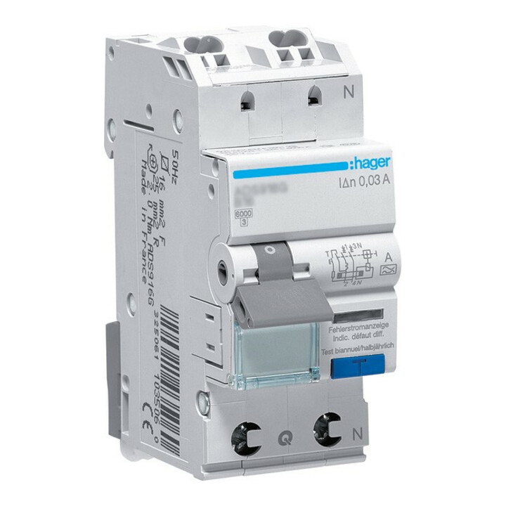 Hager Disjoncteur différentiel FI/LS 1P+N 6kA B-16A 30mA ADS916D
