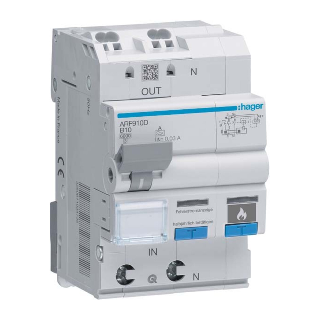 Hager Fehlerlichtbogen-Schutz 1P+N 6kA B-10A 30mA ARF910D