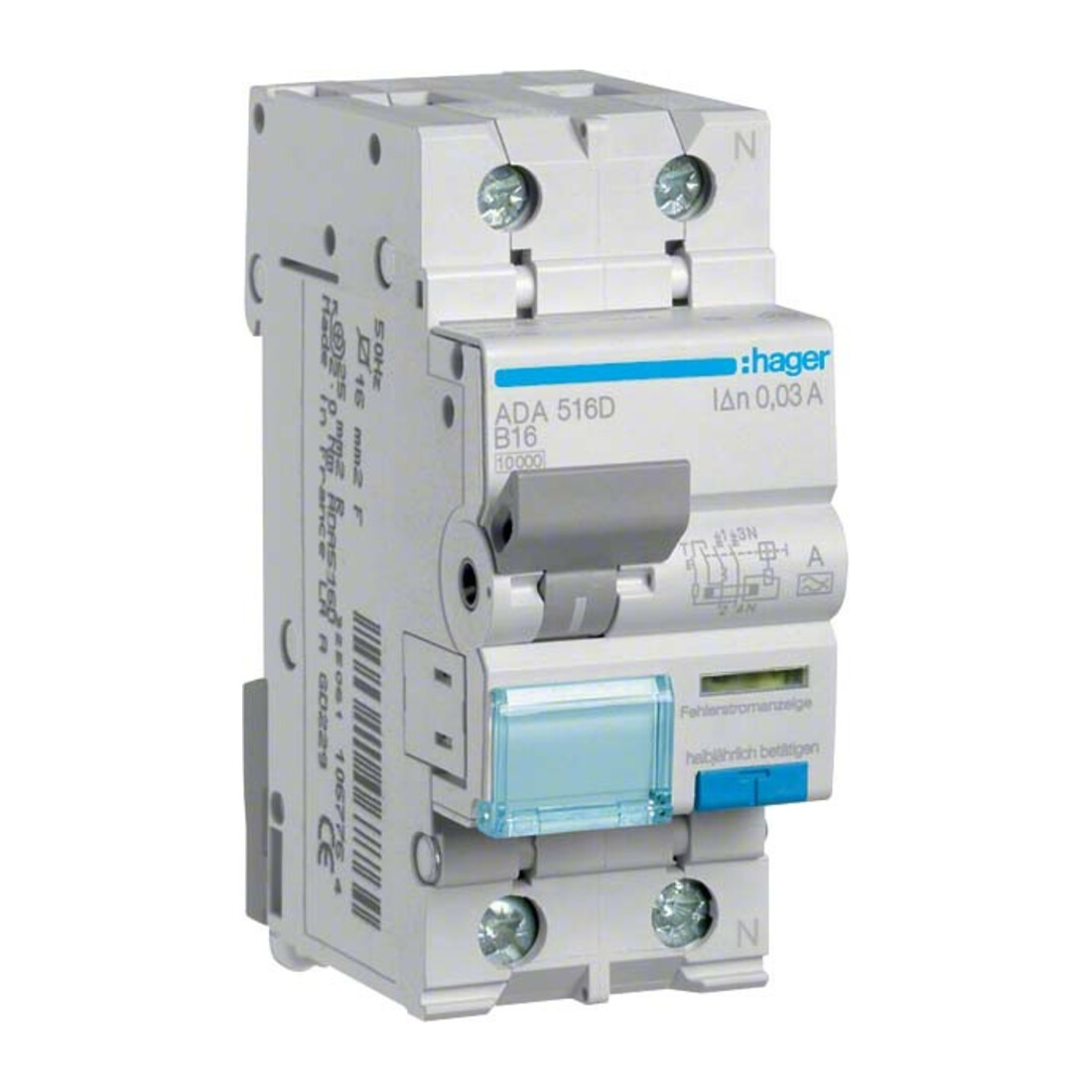 Hager FI/LS-Schalter 1P+N 10kA B-16A 30mA ADA516D