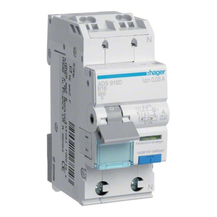 Hager FI/LS-Schalter 1P+N 6kA B-13A 30mA ADS913D