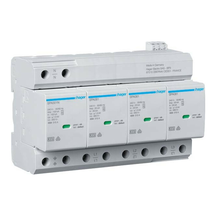 Hager Parafoudre combiné T1+T2 4P Uc350V Iimp SPA801