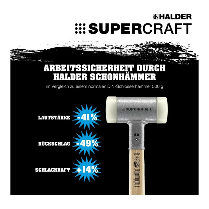 HALDER NORM+TECHNIK Rückschlagfreier Hammer mit 3-Komponentenstiel, Hammerkopf-⌀: 50mm