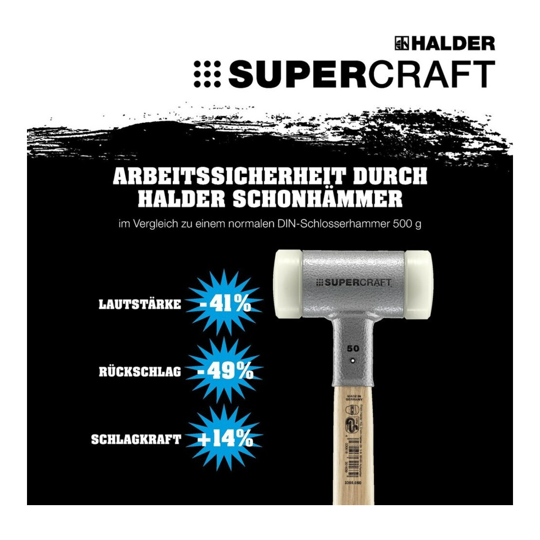 HALDER NORM+TECHNIK Rückschlagfreier Hammer mit 3-Komponentenstiel, Hammerkopf-⌀: 50mm