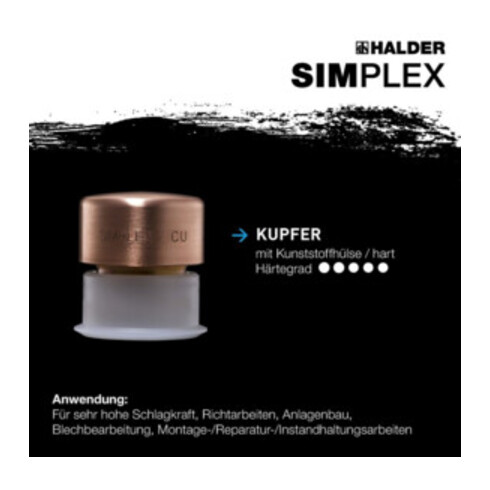 Halder Schonhammer SIMPLEX L.330mm Kopf-D.40mm hart Fiberglas Kupfer m.Ku-Hülse
