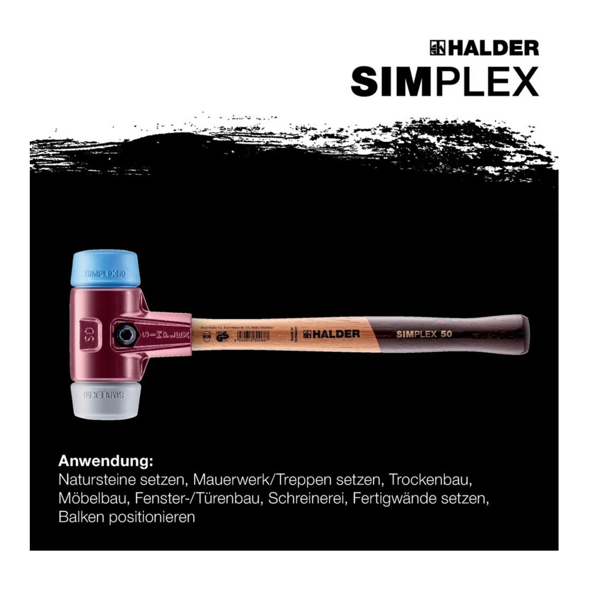 Halder Schonhammer SIMPLEX L.405mm Kopf-D. 60mm mittelh.HO TPE-soft,blau/TPE-mid,grau