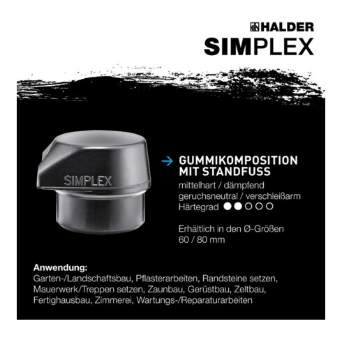 Halder Vorschlaghammer SIMPLEX 60mm Gummi m. Standfuss Stahlgussgehäuse