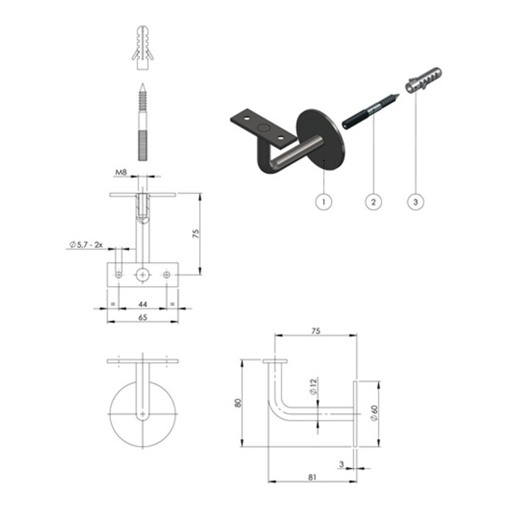 Handlaufträger VA ma D.Wandplatte 60mm ger.Auflage INTERSTEEL