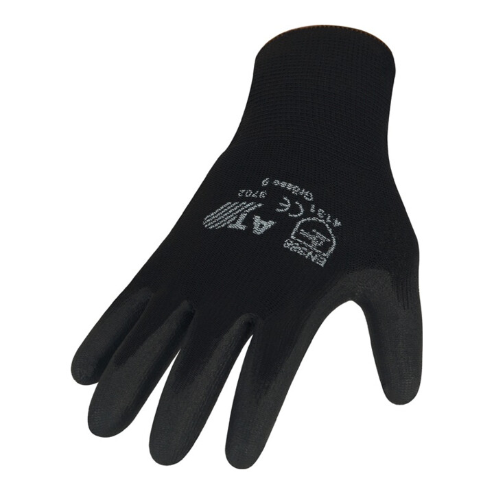 Handschuhe Gr.9 schwarz EN 388 PSA II Nyl.m.Polyurethan auf SB Karte ASATEX