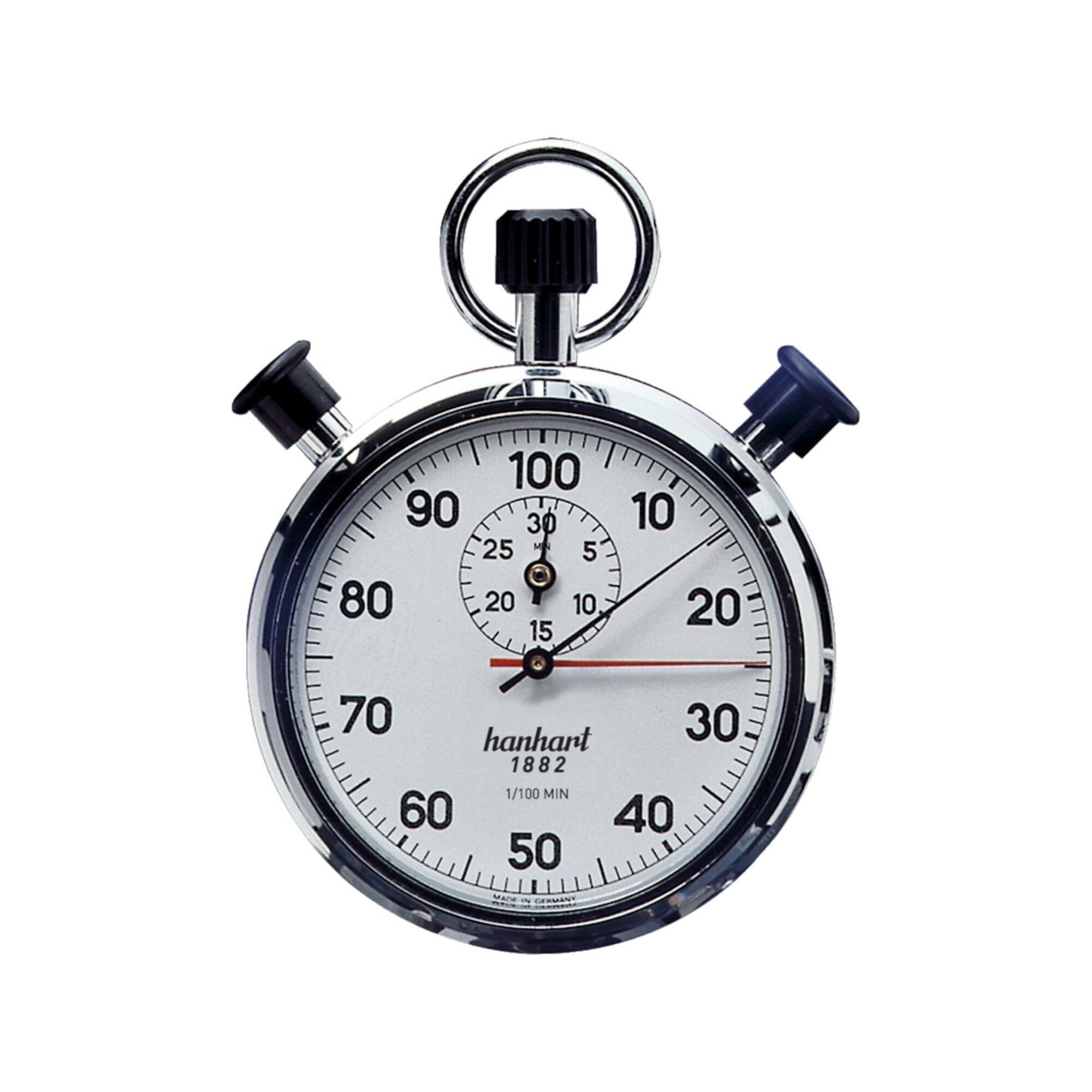 Hanhart Stoppuhr Messber. 1/100 Min. mechanisch verchr. Gehäuse