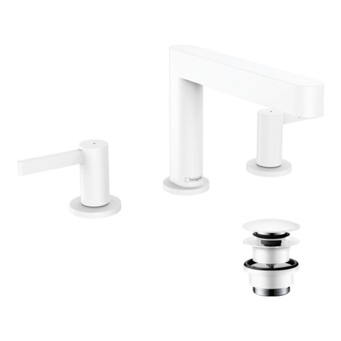 hansgrohe 3-Loch-Waschtischarmatur 110 Finoris mit Push-Open-Ablaufgarnitur, mattweiß
