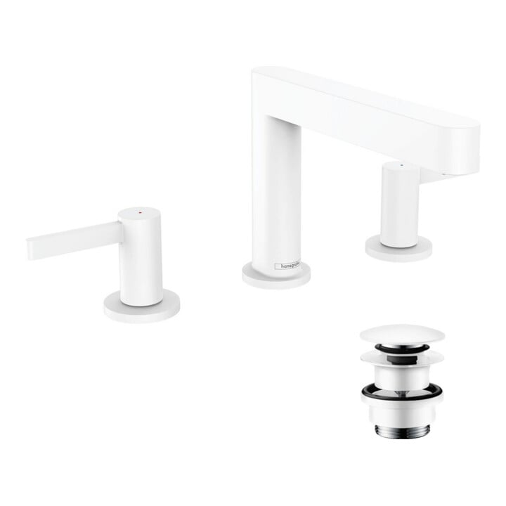 hansgrohe 3-Loch-Waschtischarmatur 110 Finoris mit Push-Open-Ablaufgarnitur, mattweiß