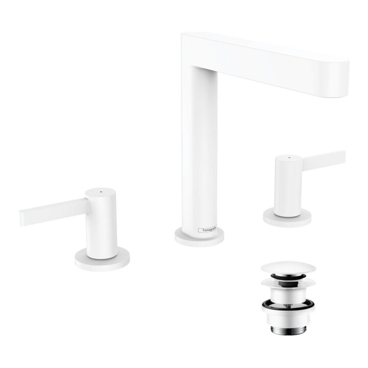 hansgrohe 3-Loch-Waschtischarmatur 160 Finoris mit Push-Open-Ablaufgarnitur, mattweiß