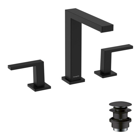 hansgrohe 3-Loch-Waschtischarmatur Tecturis E m Push-Open-Ablaufgarnitur, mattschwarz