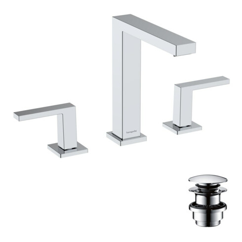 hansgrohe 3-Loch-Waschtischarmatur Tecturis E mit Push-Open-Ablaufgarnitur, chrom