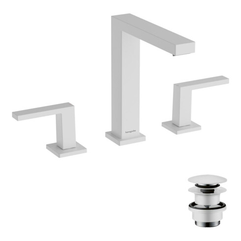 hansgrohe 3-Loch-Waschtischarmatur Tecturis E mit Push-Open-Ablaufgarnitur, mattweiß